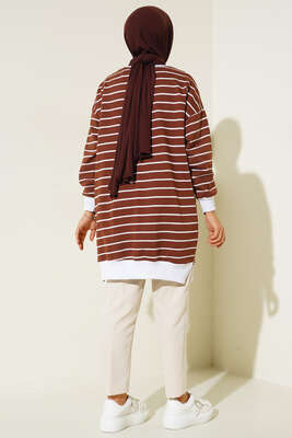 Armalı Yatay Çizgili Tunik Kahve - Thumbnail