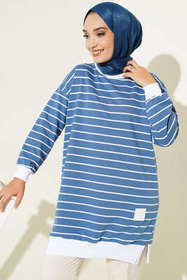 Armalı Yatay Çizgili Tunik İndigo - Thumbnail
