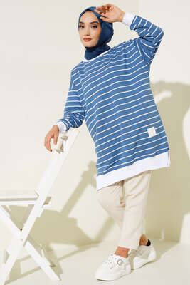Armalı Yatay Çizgili Tunik İndigo - Thumbnail