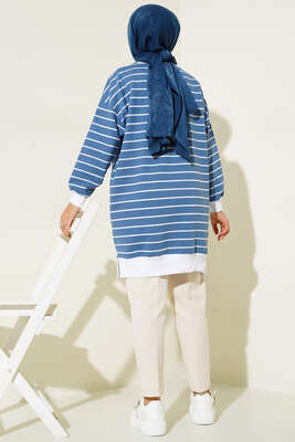 Armalı Yatay Çizgili Tunik İndigo - Thumbnail