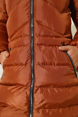 Fermuar Cepli Şişme Mont Taba - Thumbnail