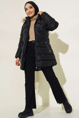 Fermuar Cepli Şişme Mont Siyah - Thumbnail