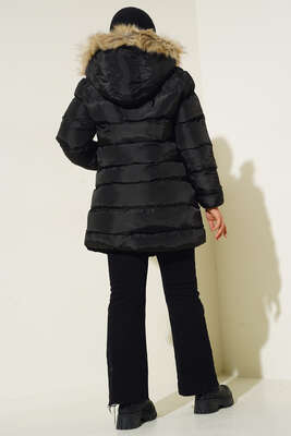 Fermuar Cepli Şişme Mont Siyah - Thumbnail