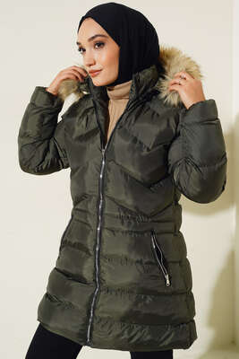 Fermuar Cepli Şişme Mont Haki - Thumbnail