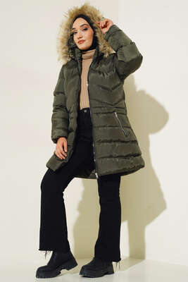 Fermuar Cepli Şişme Mont Haki - Thumbnail