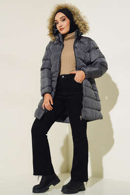 Fermuar Cepli Şişme Mont Füme - Thumbnail