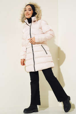 Fermuar Cepli Şişme Mont Bej - Thumbnail