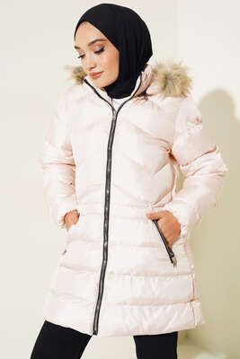 Fermuar Cepli Şişme Mont Bej - Thumbnail