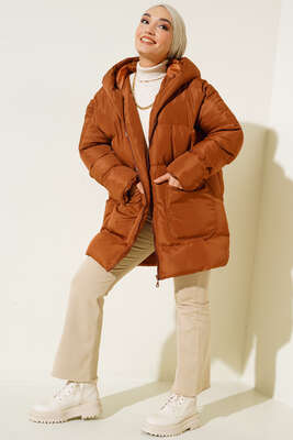 Oversize Torba Cepli Kapşonlu Mont Taba - Thumbnail