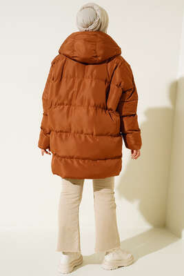 Oversize Torba Cepli Kapşonlu Mont Taba - Thumbnail