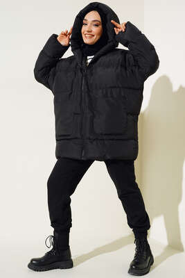 Oversize Torba Cepli Kapşonlu Mont Siyah - Thumbnail