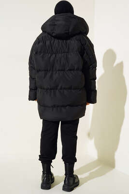 Oversize Torba Cepli Kapşonlu Mont Siyah - Thumbnail