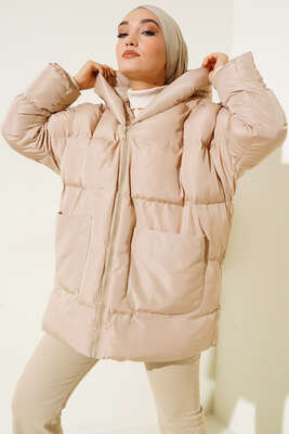 Oversize Torba Cepli Kapşonlu Mont Bej - Thumbnail