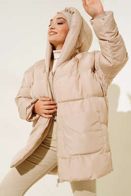 Oversize Torba Cepli Kapşonlu Mont Bej - Thumbnail