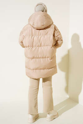 Oversize Torba Cepli Kapşonlu Mont Bej - Thumbnail