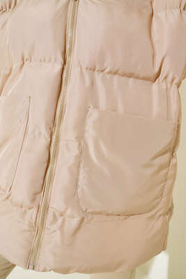 Oversize Torba Cepli Kapşonlu Mont Bej - Thumbnail