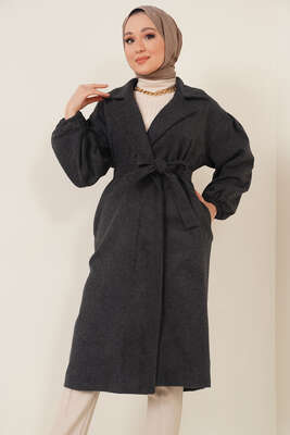 Pazarium - Bilekleri Lastikli Kaşe Kaban Antrasit