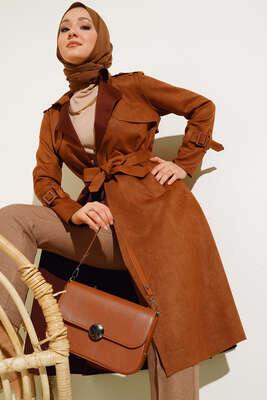 Pazarium - Kuşaklı Araboy Süet Trençkot Taba