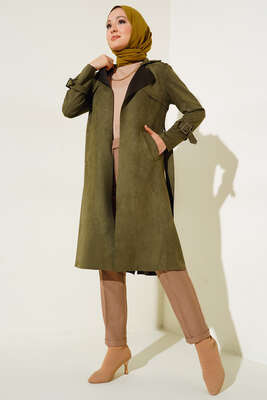 Pazarium - Kuşaklı Araboy Süet Trençkot Haki