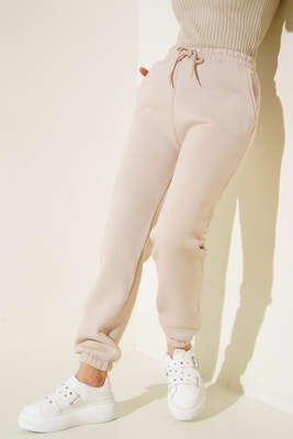 Lastikli Paça Jogger Pantolon Bej - Thumbnail