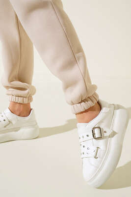 Lastikli Paça Jogger Pantolon Bej - Thumbnail