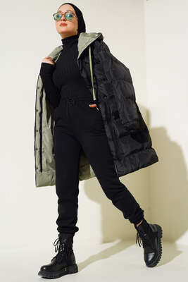 Çıtçıt Düğmeli Fermuarlı Şişme Mont Siyah Mint - Thumbnail