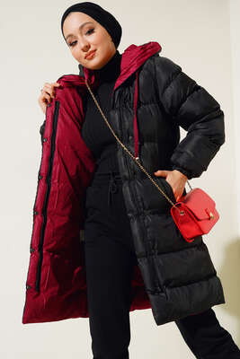 Çıtçıt Düğmeli Fermuarlı Şişme Mont Siyah Bordo - Thumbnail