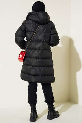 Çıtçıt Düğmeli Fermuarlı Şişme Mont Siyah Bordo - Thumbnail