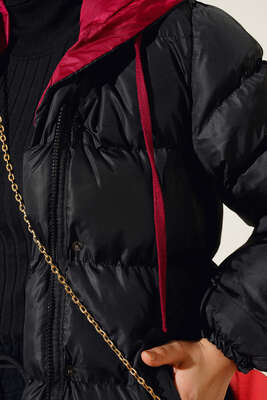 Çıtçıt Düğmeli Fermuarlı Şişme Mont Siyah Bordo - Thumbnail