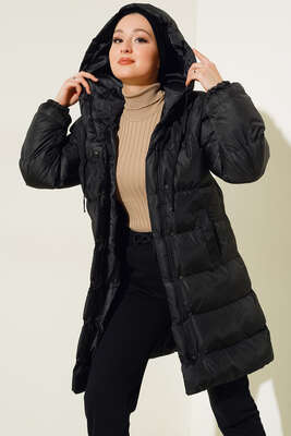 Çıtçıt Düğmeli Fermuarlı Şişme Mont Siyah - Thumbnail