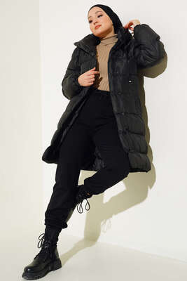 Çıtçıt Düğmeli Fermuarlı Şişme Mont Siyah - Thumbnail