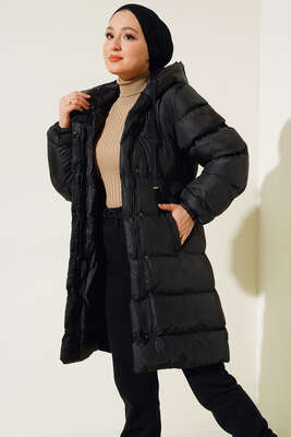 Çıtçıt Düğmeli Fermuarlı Şişme Mont Siyah - Thumbnail