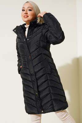 Kapüşonu Kürklü Şişme Mont Siyah - Thumbnail