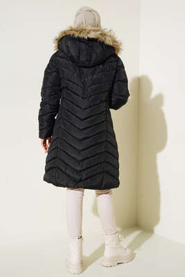 Kapüşonu Kürklü Şişme Mont Siyah - Thumbnail