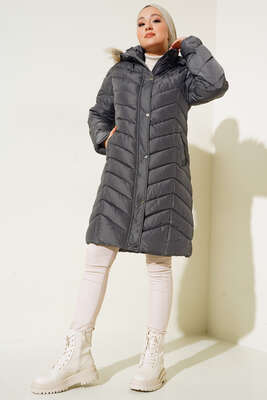 Kapüşonu Kürklü Şişme Mont Füme - Thumbnail