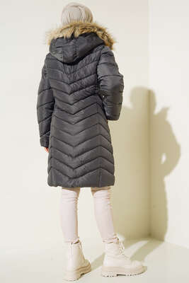 Kapüşonu Kürklü Şişme Mont Füme - Thumbnail