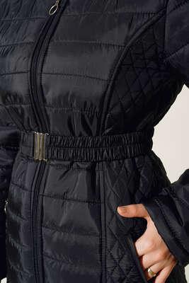 Kapitone Kapüşonlu Uzun Mont Siyah - Thumbnail