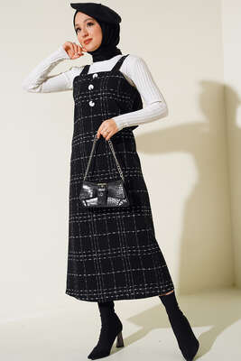 Düğme Süslemeli Jile Elbise Siyah - Thumbnail