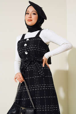 Düğme Süslemeli Jile Elbise Siyah - Thumbnail