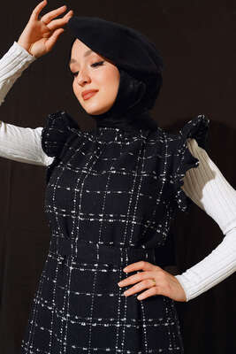 Omuzları Fırfırlı Jile Elbise Siyah - Thumbnail