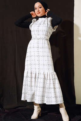 Omuzları Fırfırlı Jile Elbise Ekru - Thumbnail