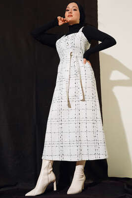 Düğme Süslemeli Jile Elbise Ekru - Thumbnail