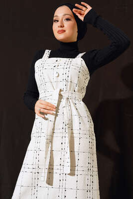 Düğme Süslemeli Jile Elbise Ekru - Thumbnail