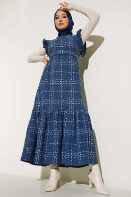 Omuzları Fırfırlı Jile Elbise İndigo - Thumbnail