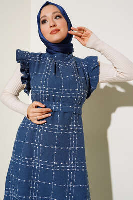 Omuzları Fırfırlı Jile Elbise İndigo - Thumbnail