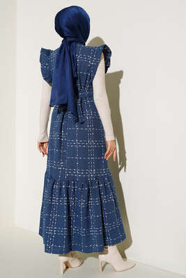 Omuzları Fırfırlı Jile Elbise İndigo - Thumbnail