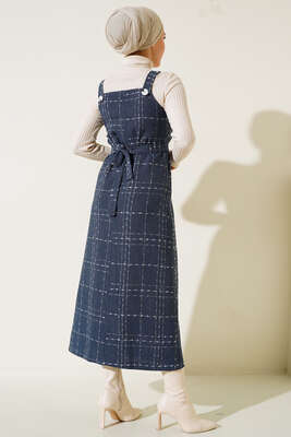 Düğme Süslemeli Jile Elbise İndigo - Thumbnail