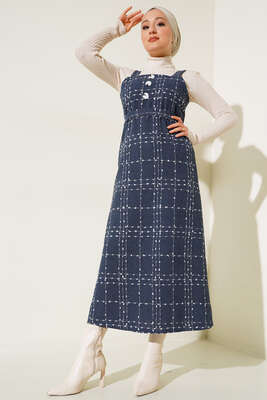 Düğme Süslemeli Jile Elbise İndigo - Thumbnail