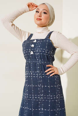 Düğme Süslemeli Jile Elbise İndigo - Thumbnail