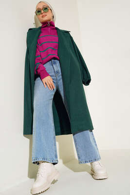 Bilekleri Lastikli Kaşe Kaban Zümrüt Yeşil - Thumbnail